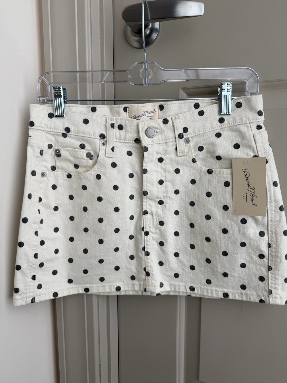 Cream Polka Dot Denim Mini Skirt
